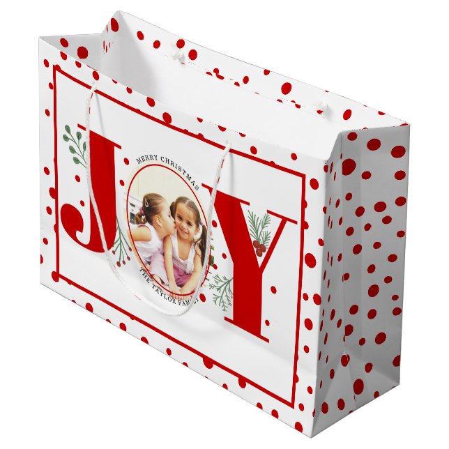 Add your photos red JOY and  polka dots Large Gift Bag (Front Angled)