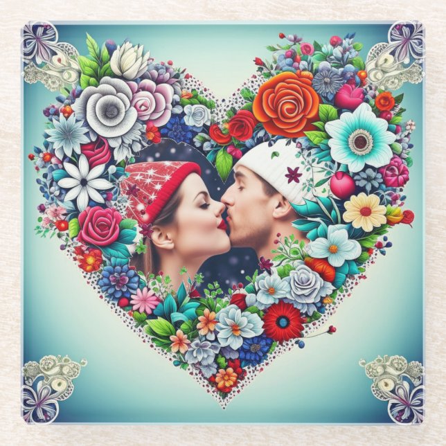 Add Your Picture | Floral Heart Frame Glass Coaster (Front)