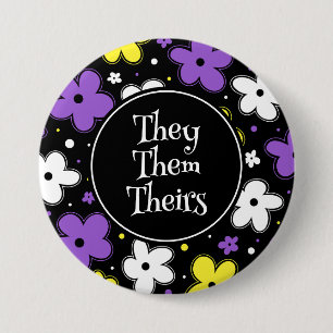 ADD YOUR PRONOUNS! Nonbinary Pride Flowers Doodle 3 Inch Round Button