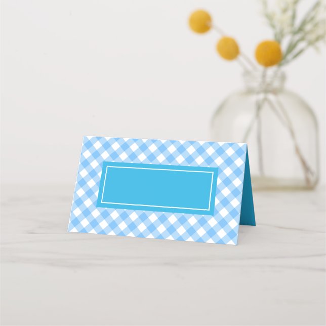 Add Your Text Baby Blue Gingham Pattern Place Card (Front)