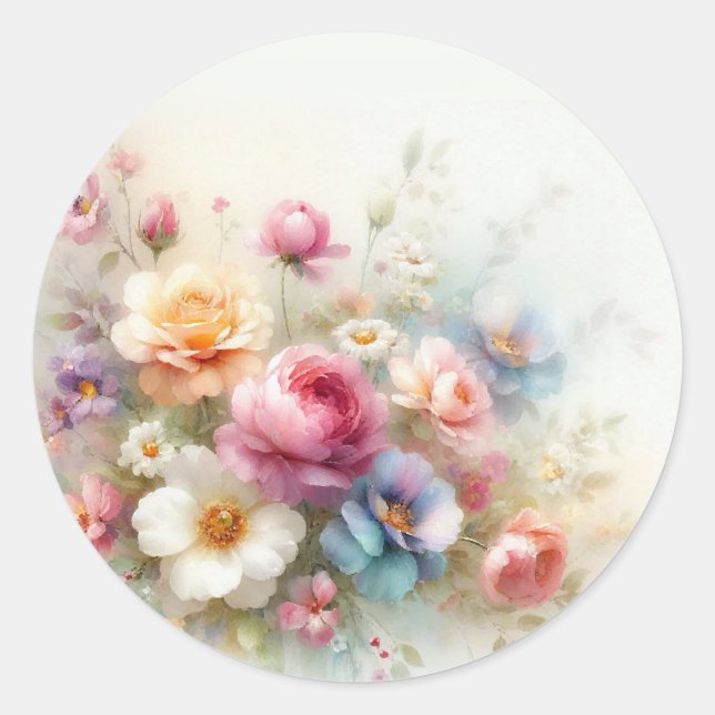 Add Your Text Blank Template Aquarell Flowers Classic Round Sticker (Front)