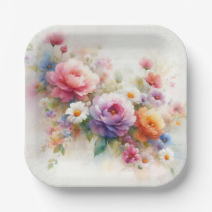 Add Your Text Custom Template Watercolor Flowers Paper Plate
