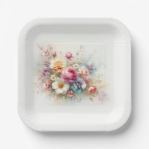 Add Your Text Elegant Template Watercolor Flowers Paper Plate