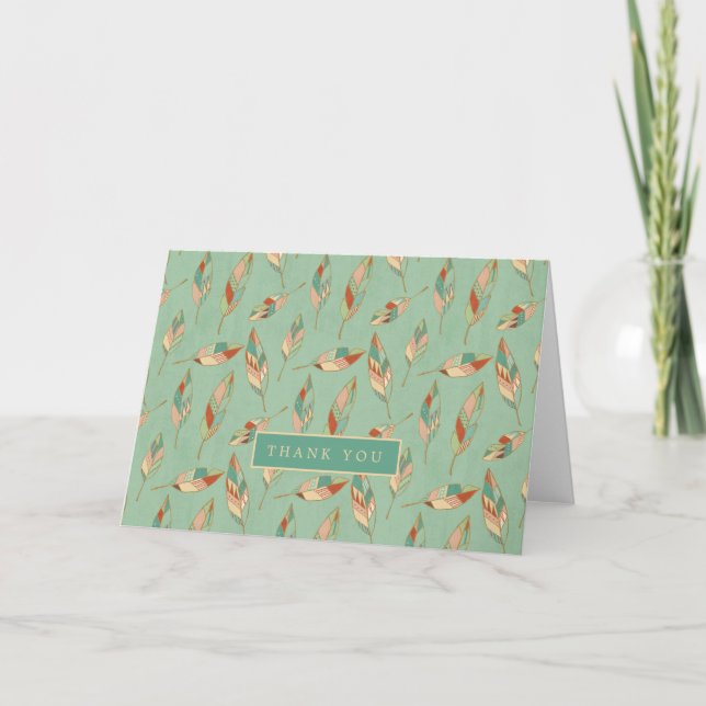 Add Your Text | Green Feather Pattern Thank You Card (Front)
