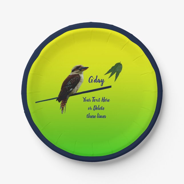Add Your Text, Kookaburra Australian Party 7"  Paper Plate (Front)