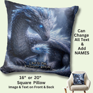 Add Your Text Name, Blue Ice Dragon & Baby in Cave Throw Pillow