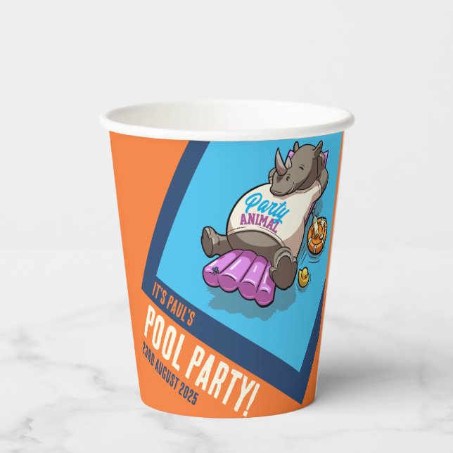 Add Your Text Party Animal Rhino Pool Cartoon Paper Cups (Back)
