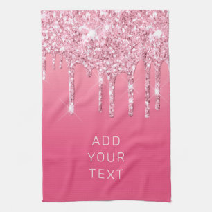 Add Your Text Pink Glitter Dripping Luxury Kitchen Towel