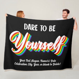 Add Your Text, Rainbow Dare To Be Yourself, Black Fleece Blanket