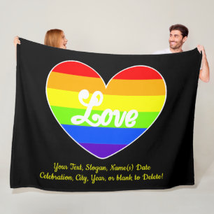 Add Your Text, Rainbow Heart LOVE on Large Black Fleece Blanket
