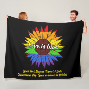 Add Your Text, Rainbow Sunflower Love Is Love  Fleece Blanket