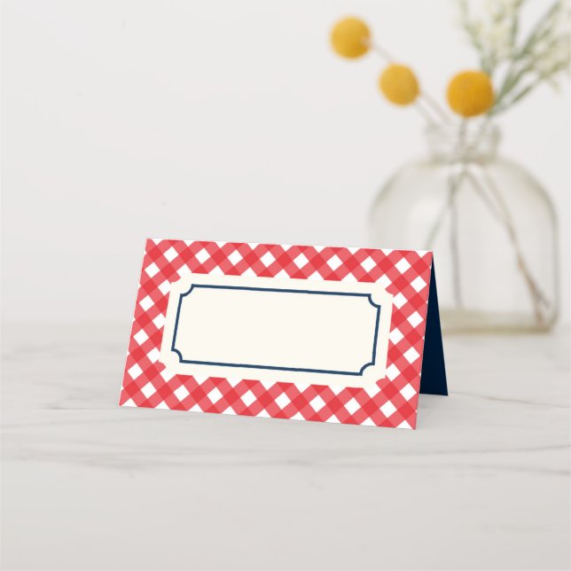 Add Your Text Red Gingham with Blue Border Place Card (Front)