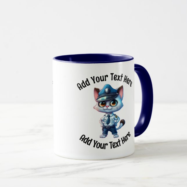 Add Your Text Whimsical Police Officer Cat Coffee Mug (Front Right)