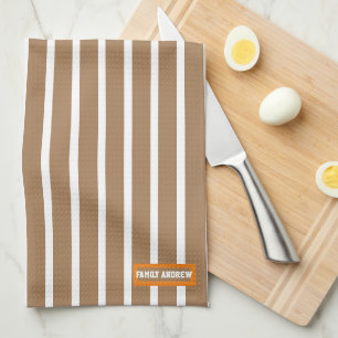 Add your text white brown stripes pattern stylish kitchen towel