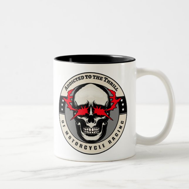 Addicted To The Thrill Of Motorcycle Racing Skull Two-Tone Coffee Mug (Right)