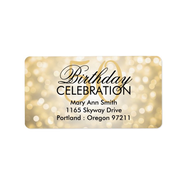 Address 50th Birthday Party Gold Glitter Lights Label (Front)