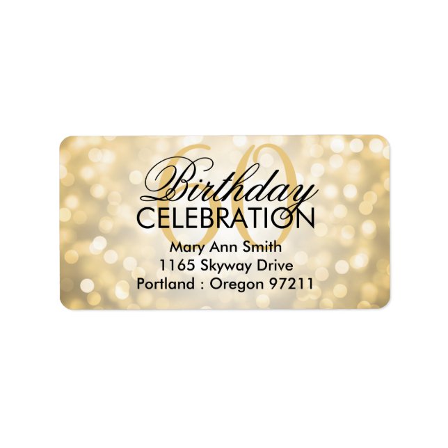 Address 60th Birthday Party Gold Glitter Lights Label (Front)