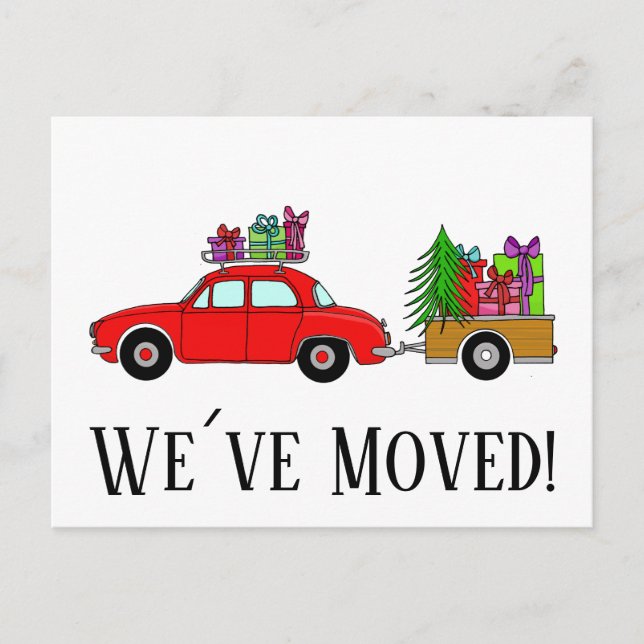Address Announcement Red Car with Christmas Gifts Postcard (Front)