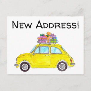 Address Announcement Yellow Retro Fiat 500 Postcard