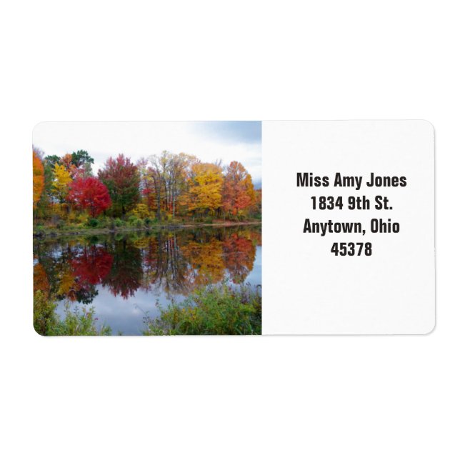Address label, return, fall trees on water. (Front)