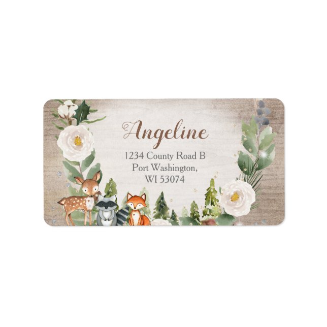 Address Label Winter Woodland Animals White Floral (Front)