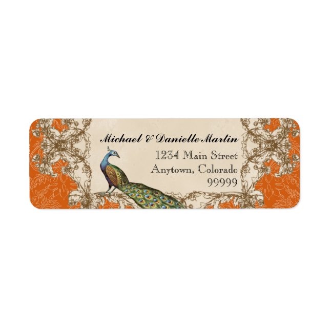 Address Labels - Orange Vintage Peacock & Etchings (Front)