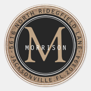Address, Monogram in a Black and Tan Burlap Classic Round Sticker