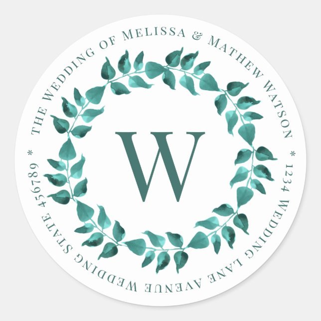 Address Monogram Wreath Teal Wedding Envelope Seal (Front)