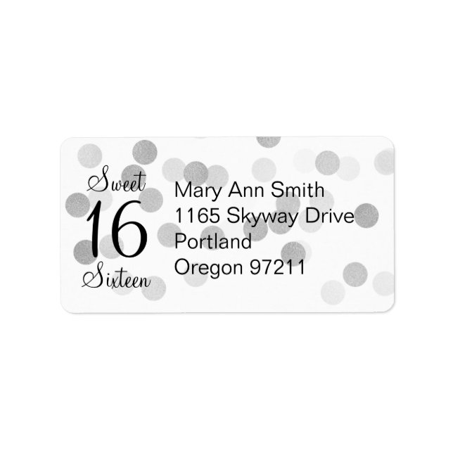 Address Sweet 16 Faux Silver Foil Glitter Lights Label (Front)