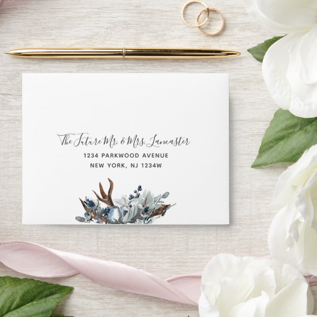 Addressed RSVP, Elegant Dusty Blue Floral Envelope (Wedding)