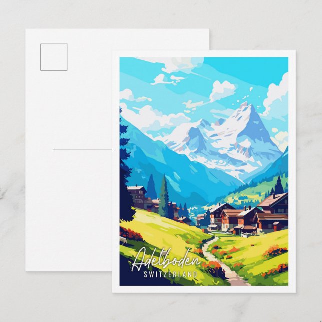 Adelboden Switzerland vintage travel illustration Postcard (Front/Back)