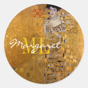 Adele, Lady in Gold by Gustav Klimt, Monogram Classic Round Sticker