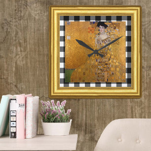 Adele Lady in Gold, Gustav Klimt Framed, Checkered Square Wall Clock