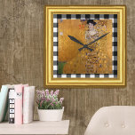 Adele Lady in Gold, Gustav Klimt Framed, Chequered Square Wall Clock<br><div class="desc">Vintage Wall Clock featuring famous artwork "Adele - the Lady in Gold" by Gustav Klimt framed in golden picture frame underlined with black and white chequered plaid fabric background.</div>