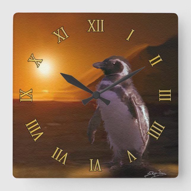 Adelie Penguin & Antarctic Sunset Square Wall Clock (Front)