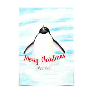 Adélie Penguin Merry Christmas Watercolour Card