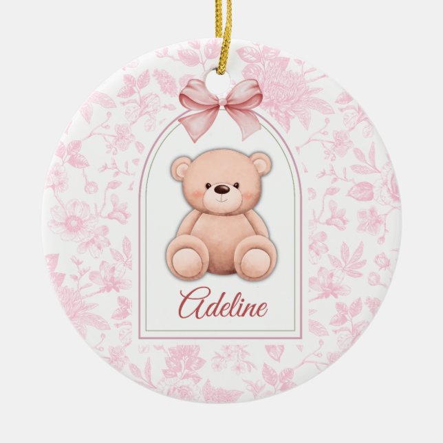 Adeline | Custom Pink Teddy Bear Nursery Design  Ceramic Ornament (Front)