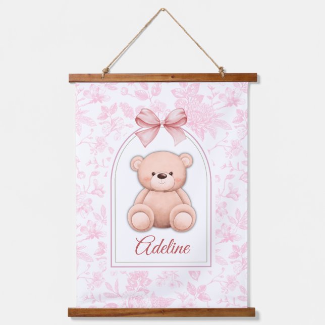 Adeline | Custom Pink Teddy Bear Nursery Design  Hanging Tapestry (Front)