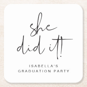 ADELLA Modern Minimal She Did It Graduation Party Square Paper Coaster