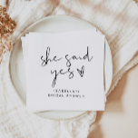 ADELLA Modern Minimal She Said Yes Bridal Shower Napkin<br><div class="desc">This bridal shower napkin features an edgy handwritten font and modern minimalist design with a cute hand drawn heart. Edit all colours and *most* wording to meet your needs. This bridal shower cocktail napkin is perfect for the contemporary or industrial bride. Pair with anything in the ADELLA Collection for a...</div>