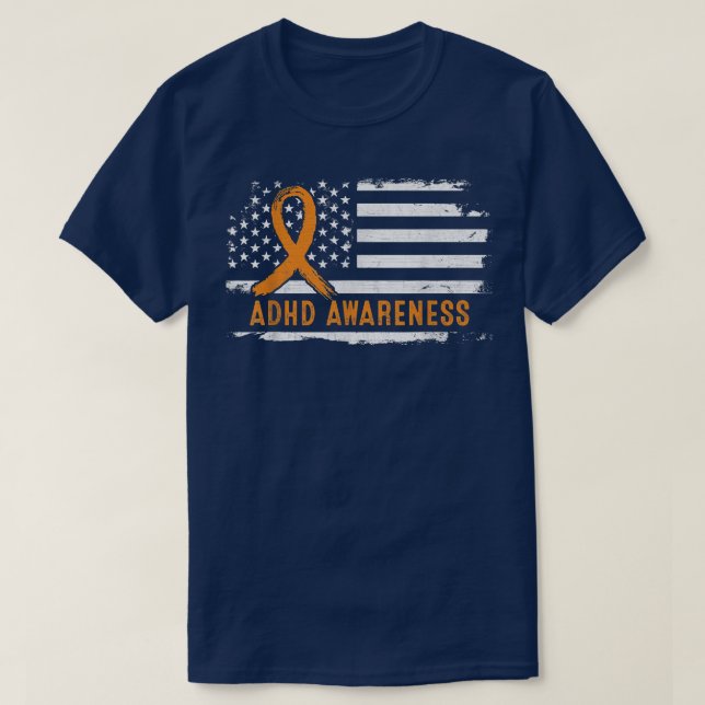ADHD Awareness American Flag - Orange Ribbon  T-Shirt (Design Front)