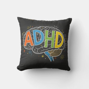 ADHD Awareness Colourful Brain Word Illustration Throw Pillow