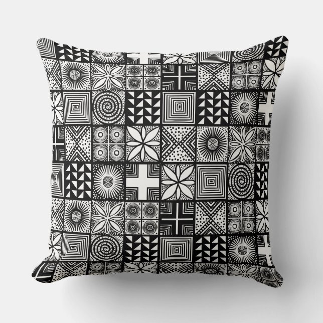 Adire Pattern - Black and White Throw Pillow (Front)