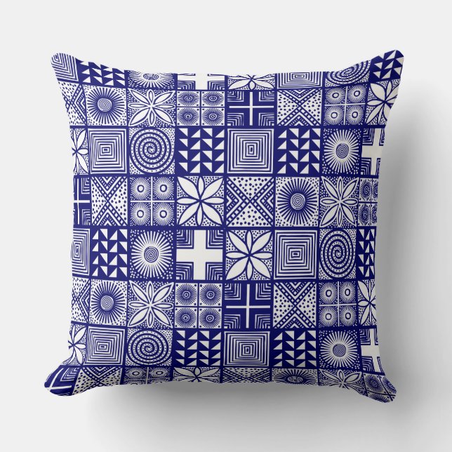 Adire Pattern - Deep Blue and White Throw Pillow (Front)