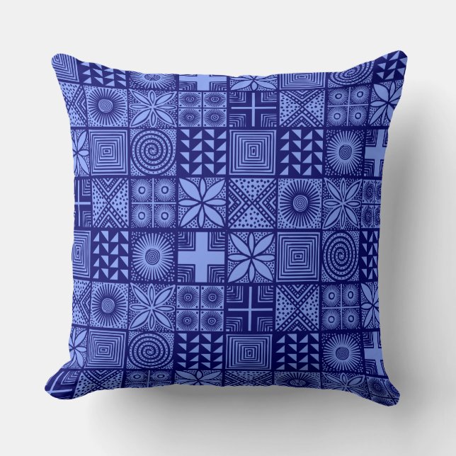 Adire Pattern - Shades of Blue Throw Pillow (Front)