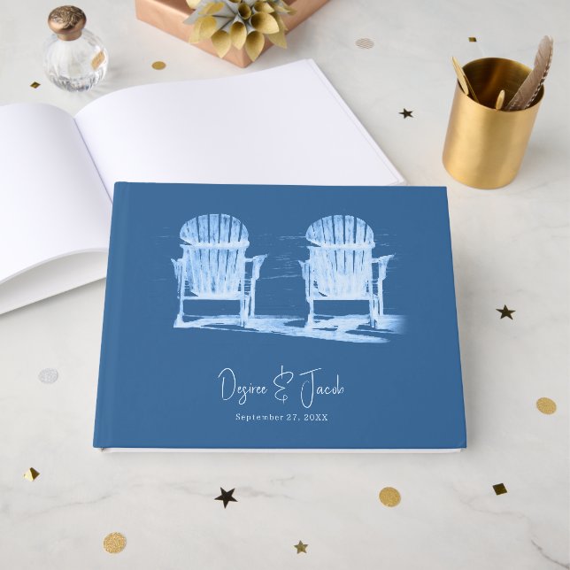 Adirondack Beach Chairs Azure Blue White Wedding Guest Book (Front Open)