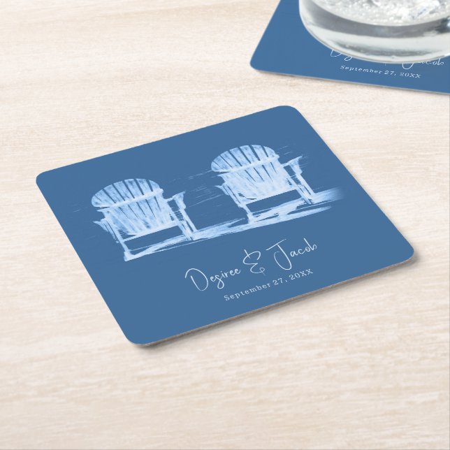 Adirondack Beach Chairs Azure Blue White Wedding Square Paper Coaster (Angled)