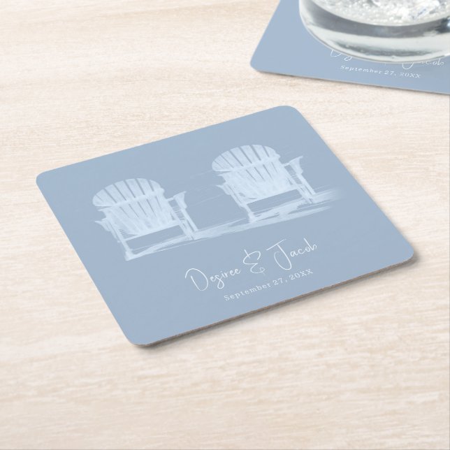 Adirondack Beach Chairs Dusty Blue White Wedding Square Paper Coaster (Angled)