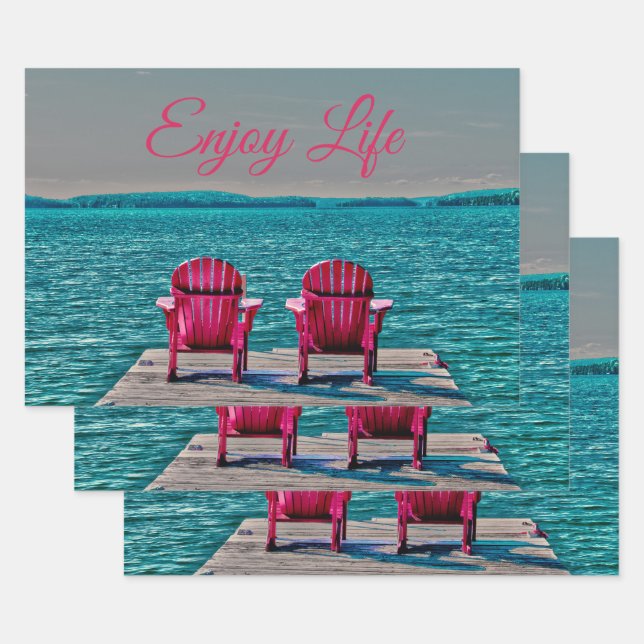 Adirondack Beach Chairs Rustic Teal Enjoy Life Wrapping Paper Sheet (Set)