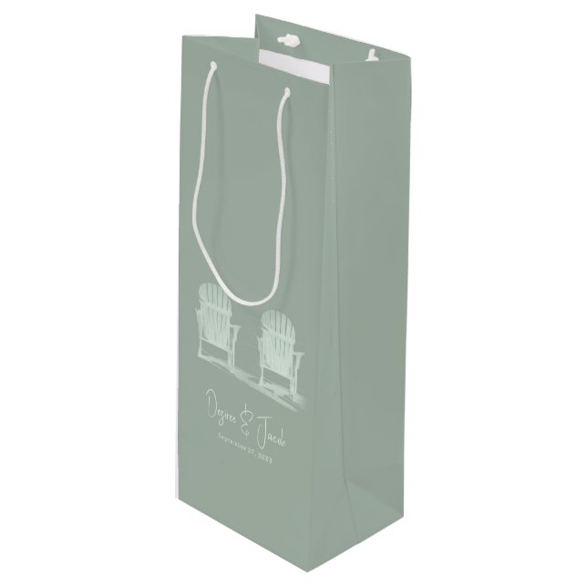 Adirondack Beach Chairs Sage Green White Wedding Wine Gift Bag (Front Angled)